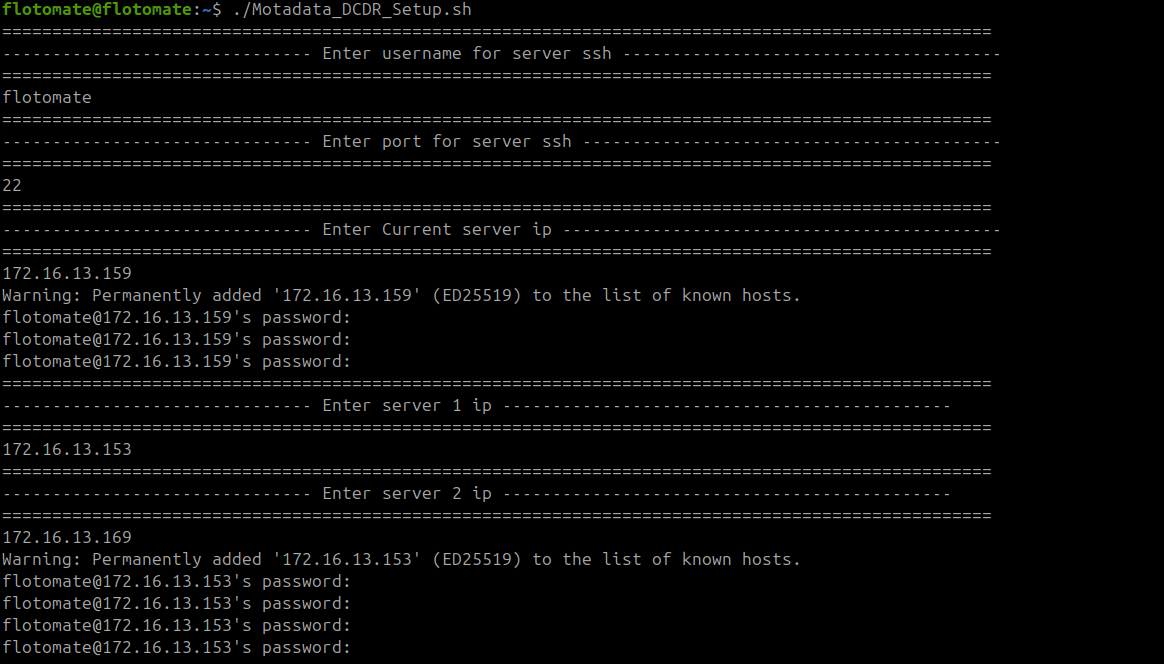 Terminal showing Motadata_DCDR_Setup.sh running from the home directory on the DC Slave