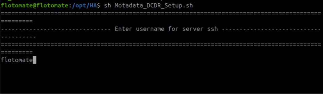 Terminal showing Motadata_DCDR_Setup.sh running from the home directory on the DR machine