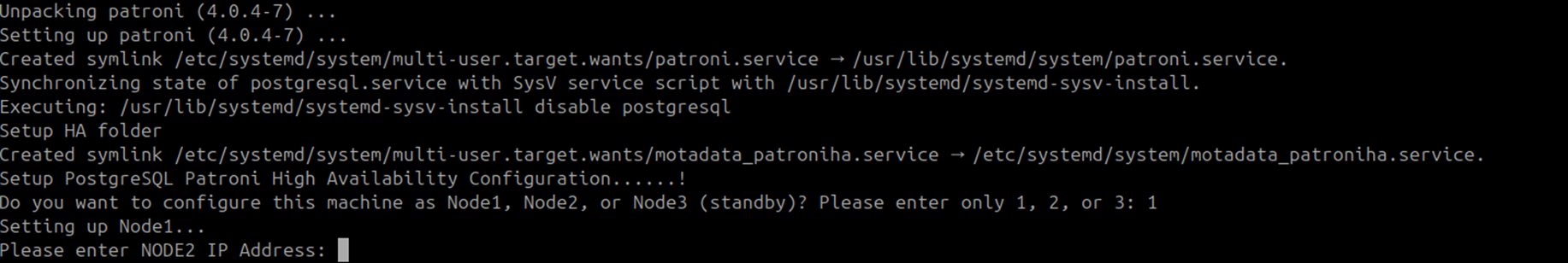 Terminal showing Node 1 selected with DC Slave and DR machine IP addresses entered on the DC Master