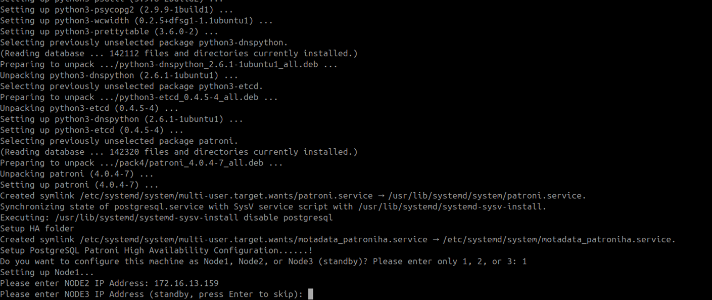 Terminal showing the DC ETCD IP address entered and Patroni setup completing on the DC Master