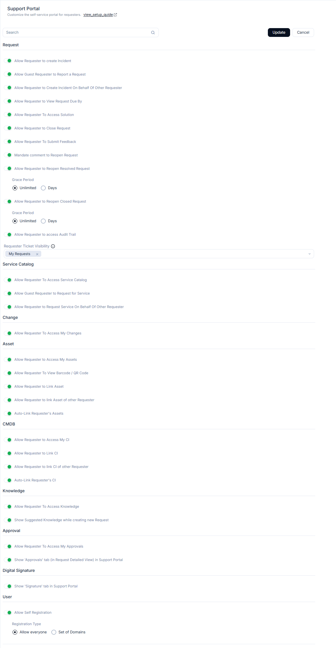 Support Portal settings page showing all requester permission toggles organized by module