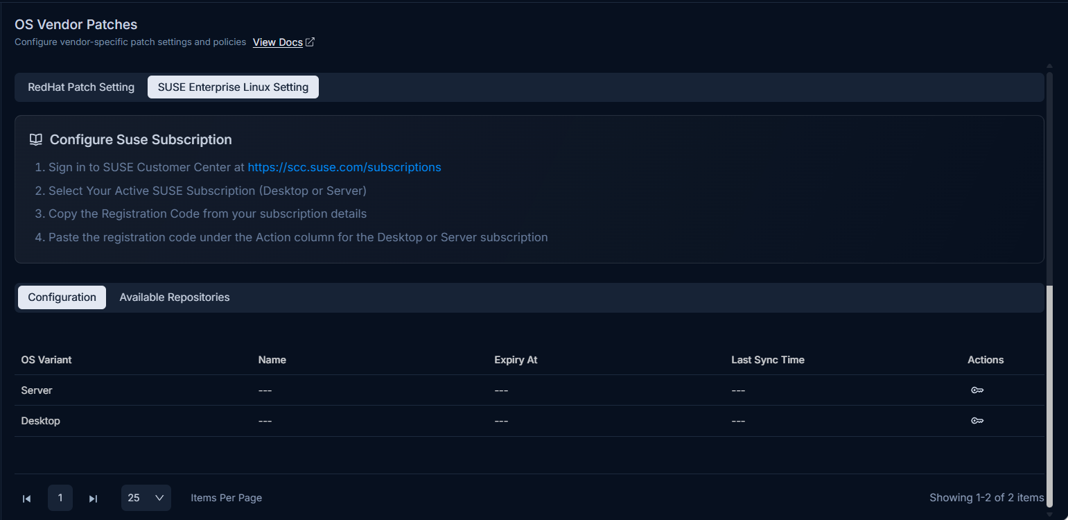 SUSE Enterprise Linux Setting page showing Configure SUSE Subscription steps and the Configuration tab with OS Variant, Name, Expiry At, Last Sync Time, and Actions columns
