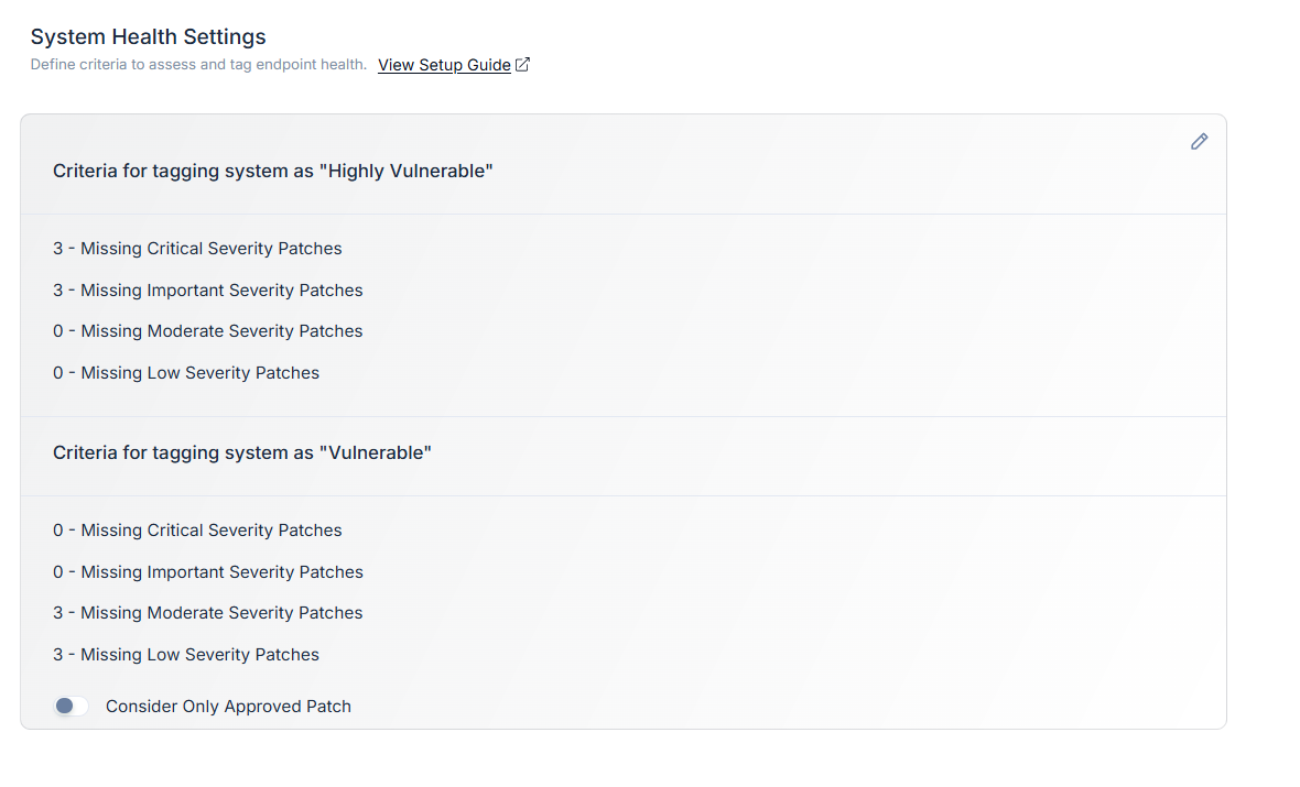 System Health Settings page