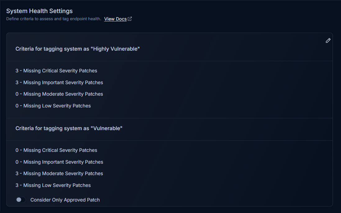 System Health Settings page