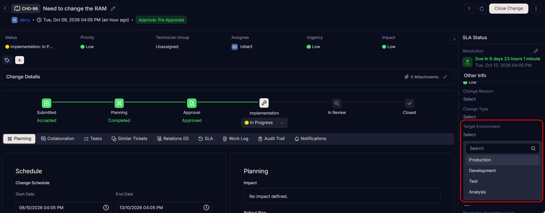 Target Environment on Change Details Page