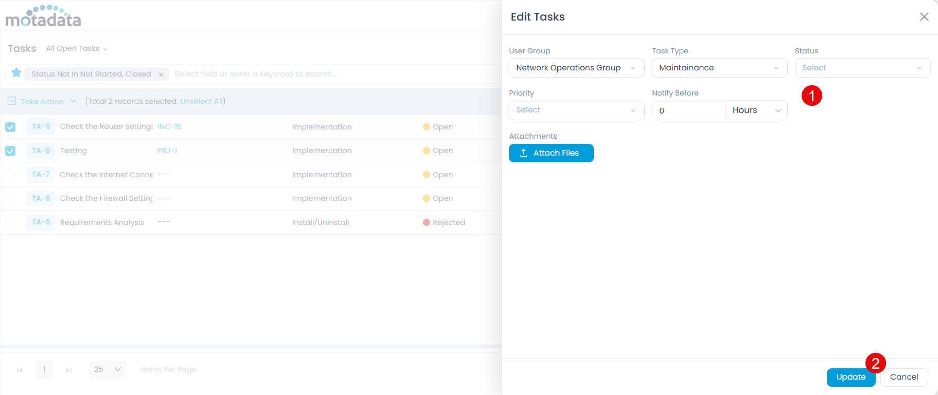 Bulk Update Tasks Popup