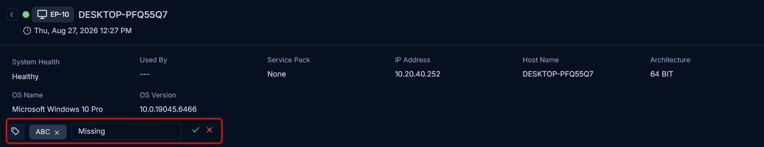 Endpoint Details page showing the Tags field with edit option highlighted