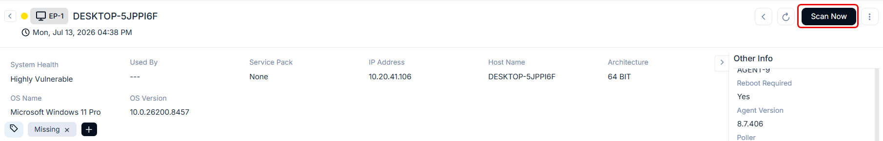 Scan Now button on the Endpoint Details page toolbar