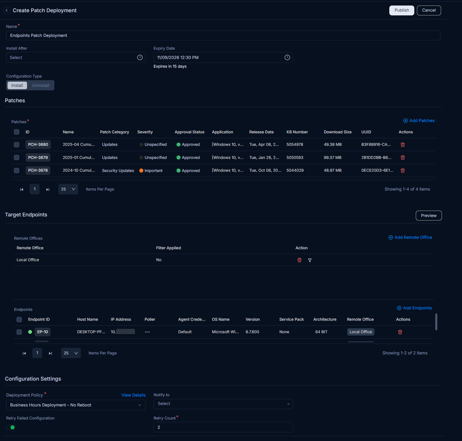 Create Patch Deployment page that opens after confirming Deploy Missing Patch