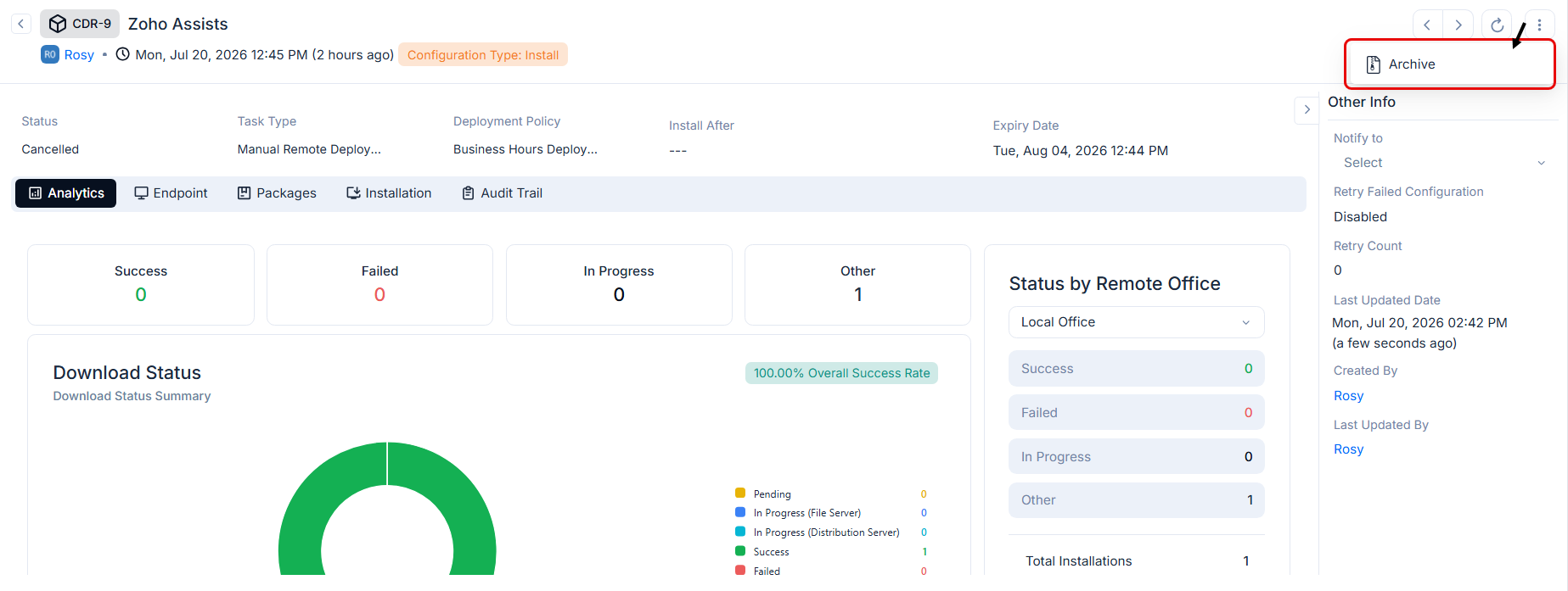 Archiving Deployment from Details Page
