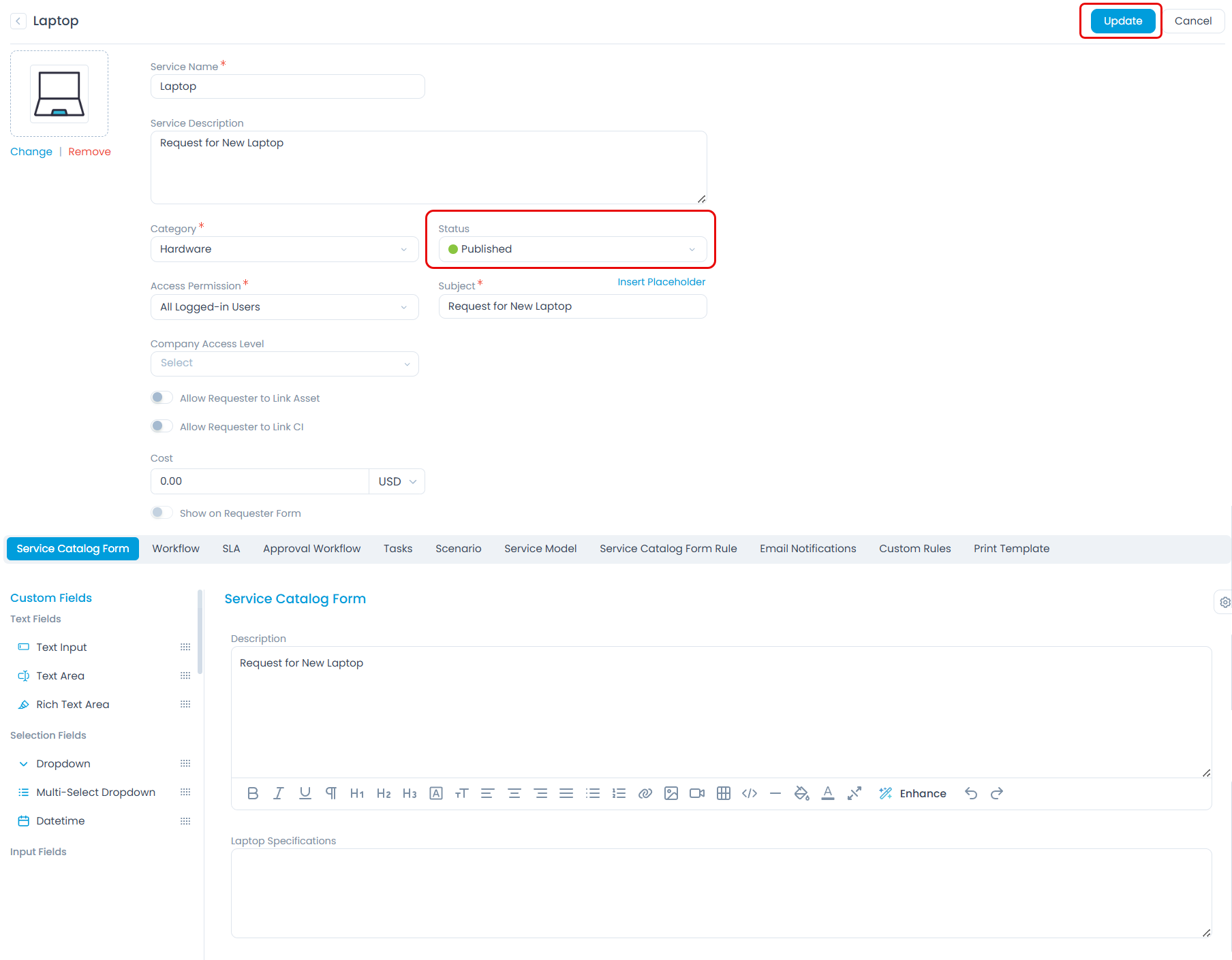 Publishing the Service Catalog Form