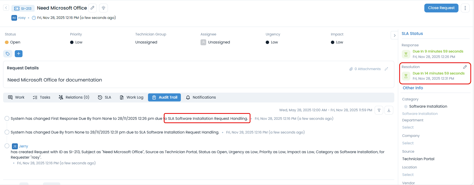 SLA applied to Software Installation Request
