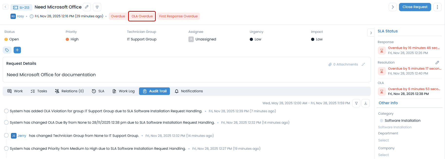 OLA Overdue - Software Installation Request