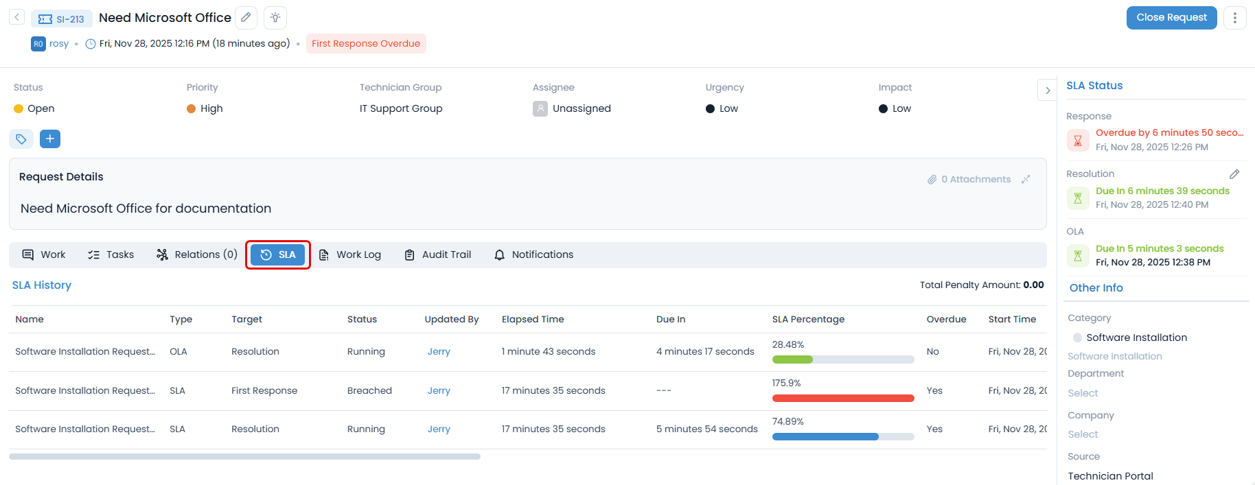 SLA tab - Software Installation Request