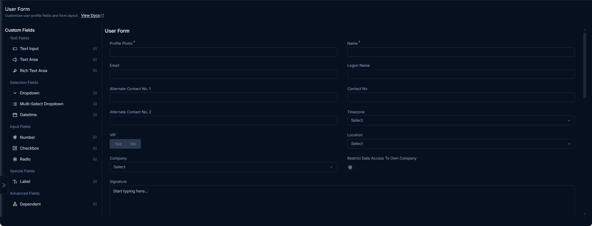 User Custom Fields Page