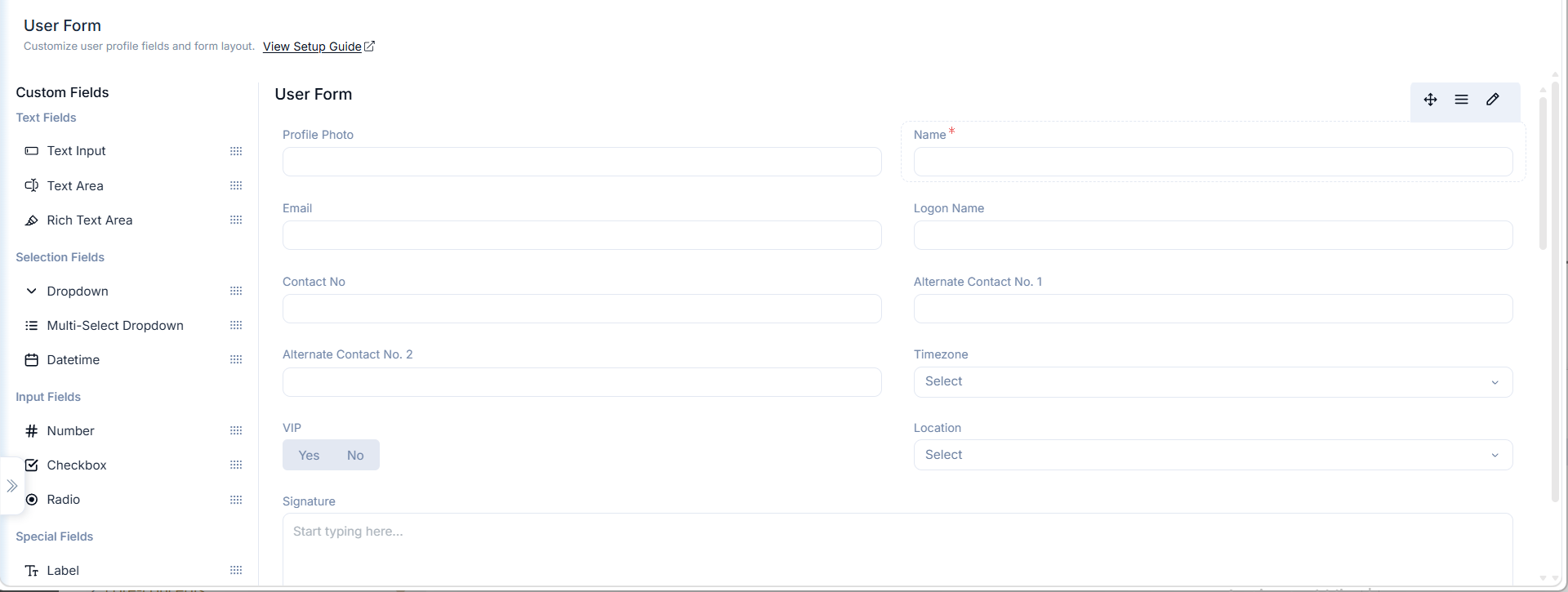 User Custom Fields Page