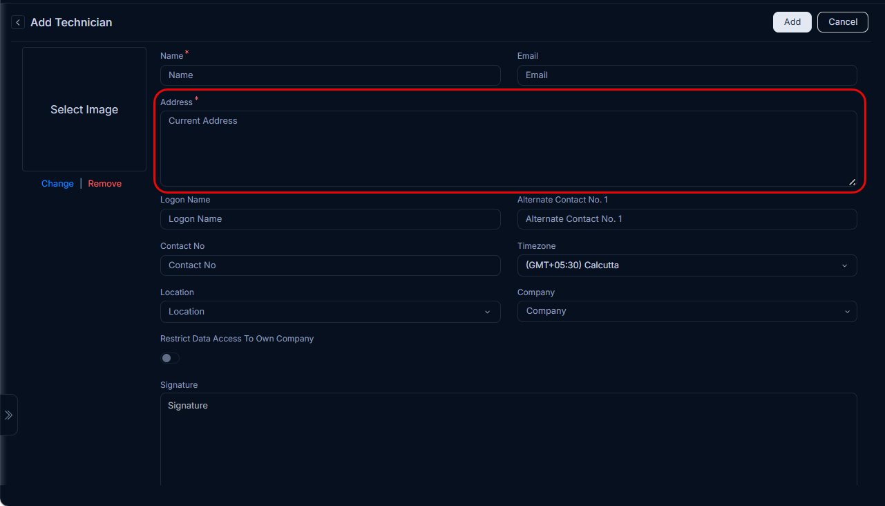 Custom Field displayed on Add Technician page
