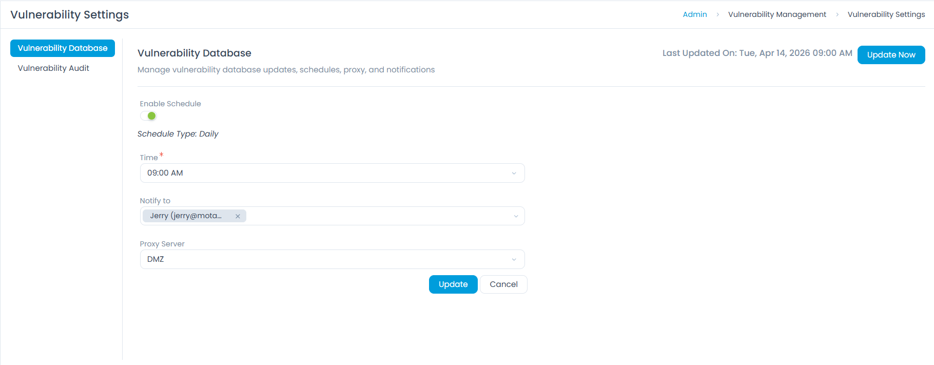 Vulnerability Settings page showing the Database and Audit subpages