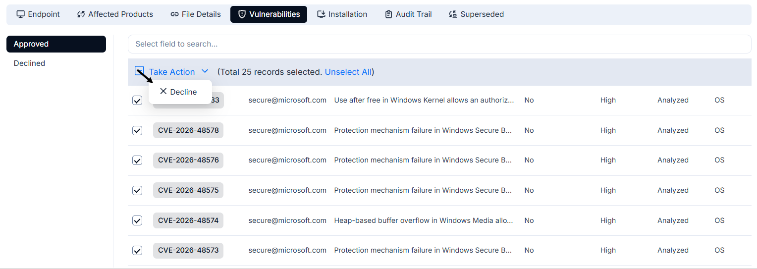 Vulnerabilities tab showing Approved sub-filter selected with a list of CVEs including CVE ID, Title, Impacted Endpoints, Vulnerability Type, and CVSS scores