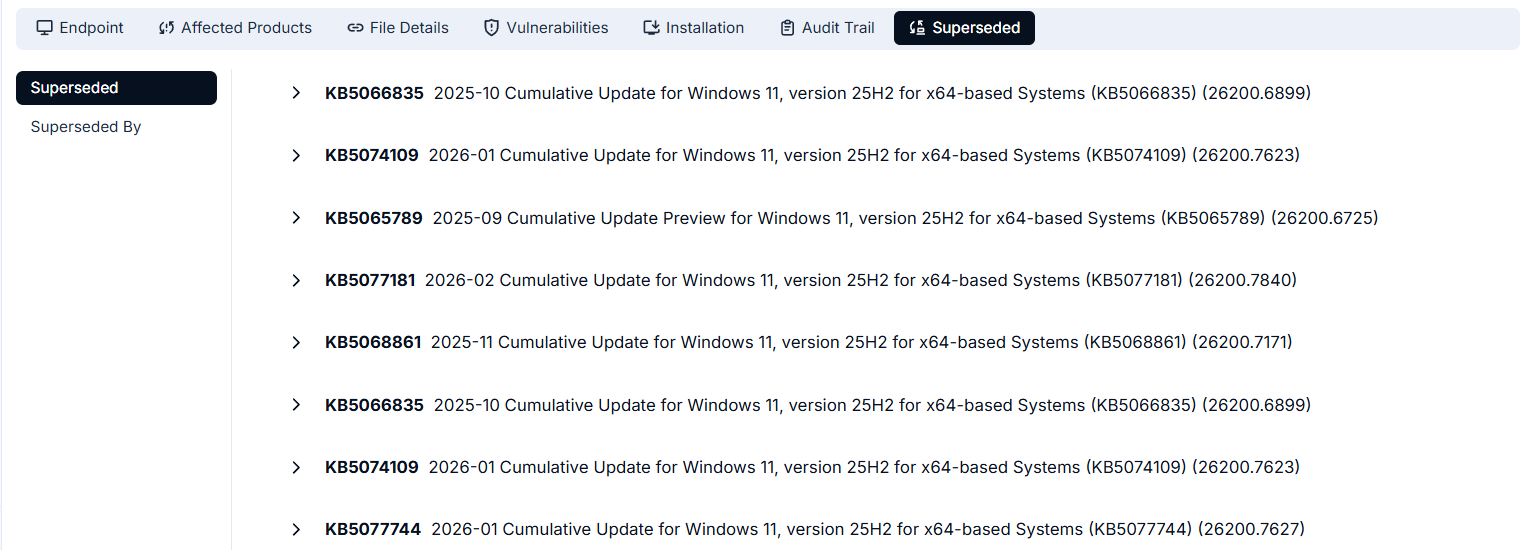 Superseded tab showing a list of older KB patches superseded by the current patch