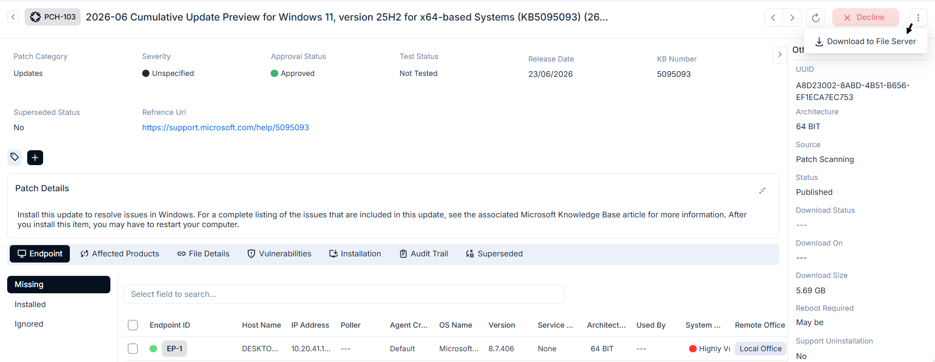 More Options menu expanded showing Download to File Server option next to the Decline button
