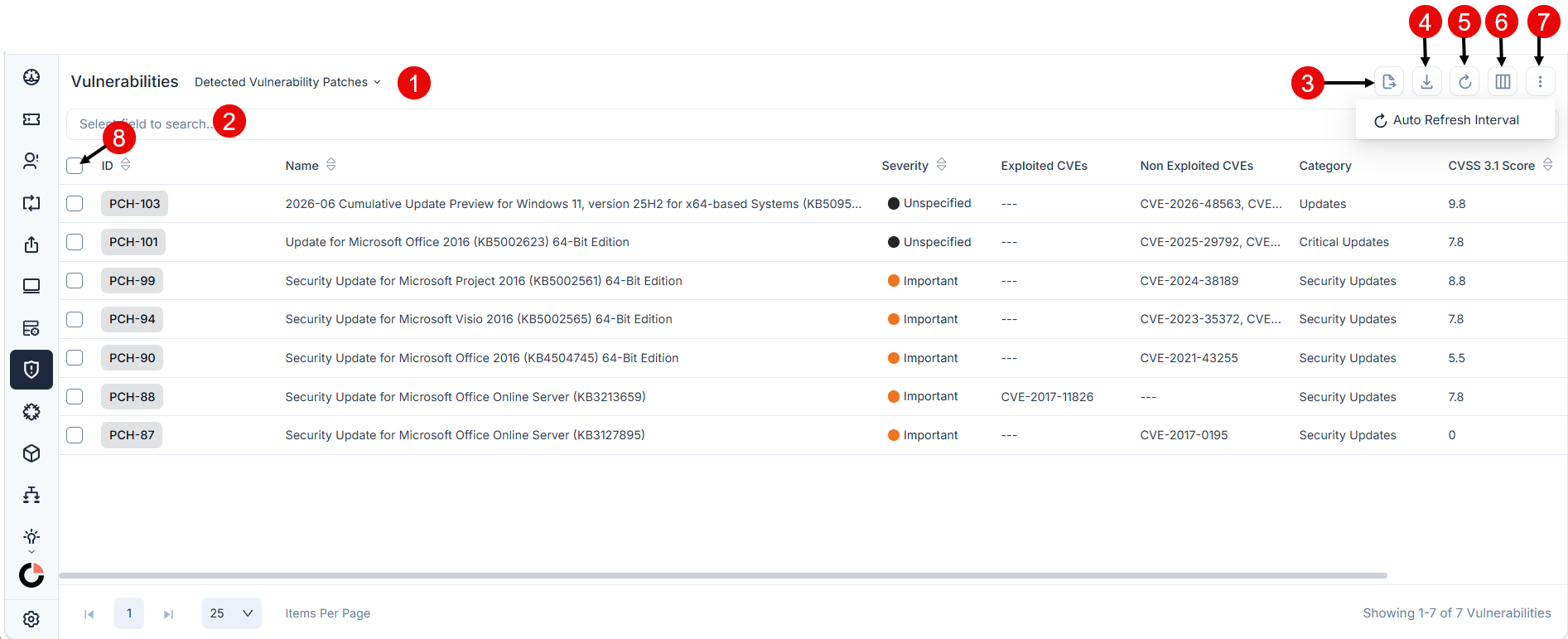 Vulnerabilities list page showing Detected Vulnerability Patches filter, patch ID, name, severity, exploited CVEs, non exploited CVEs, impacted systems, and category columns