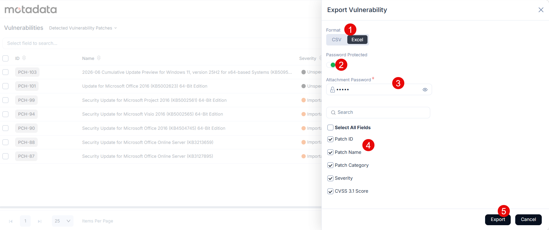 Export Vulnerability panel showing format selection, password protection, and column selection with Patch ID, Patch Name, Patch Category, Severity fields