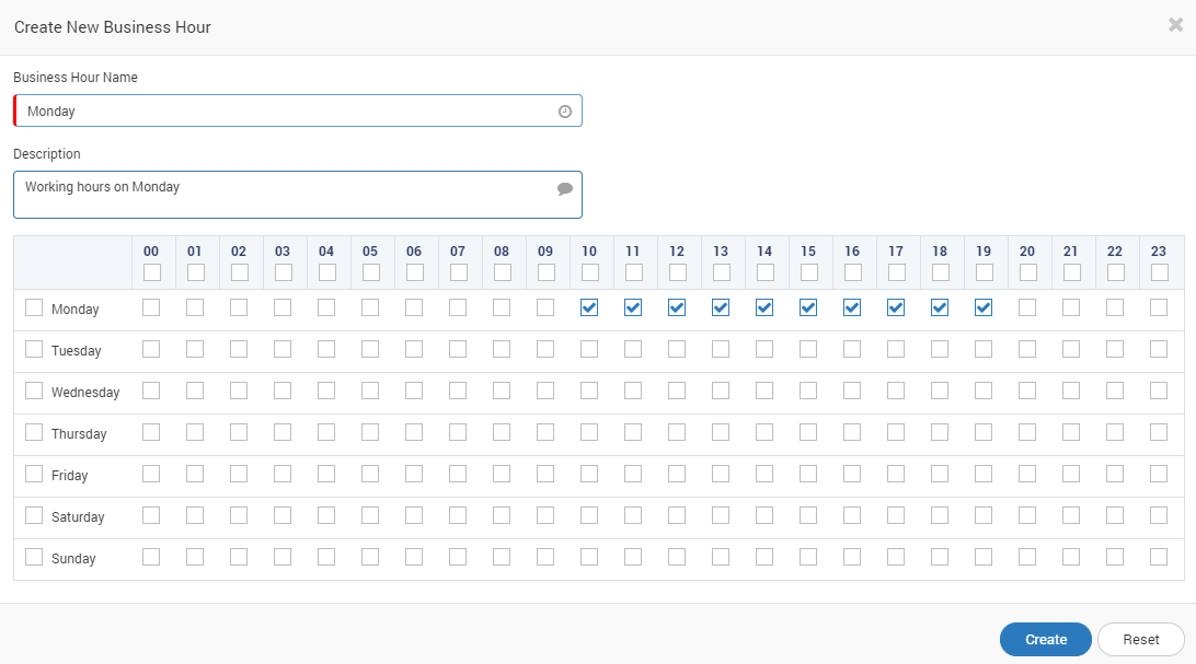 Create new business hours